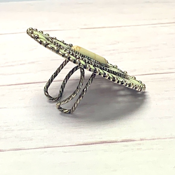 Western Style Needlepoint Concho Cluster Ring with Natural Oval Stone Adjustable - Picture 2 of 4